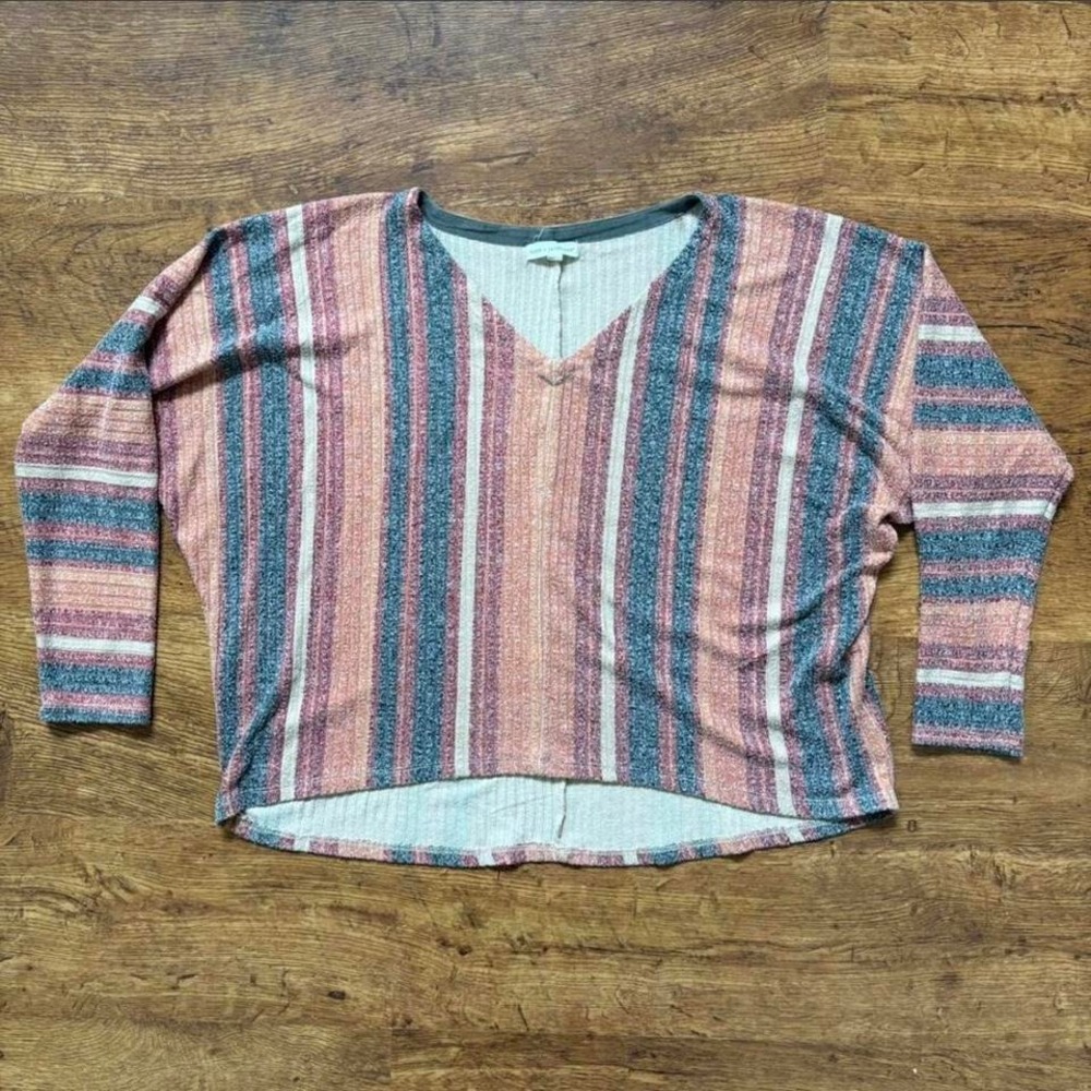 Coco Jaimeson Striped V Neck Sweatshirt Orange Blue Womens Medium Indie Hipster